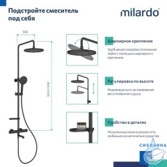Смеситель термостатический для ванны со стойкой и тропической лейкой, черный матовый, Ideal Spa, Milardo, ILSBLTHM06