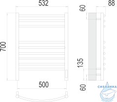 Полотенцесушитель электрический Terminus Классик П9 50х70 (с возможностью скрытого подключения, подключение справа)