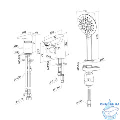 Смеситель на борт ванны на 3 отверстия с керамическим дивертором, Cloud, IDDIS, CLOSB30i07