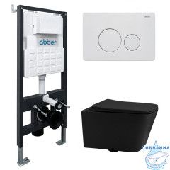 Комплект подвесной унитаз ABBER Rechteck AC1201MB черный матовый с инсталляцией AC0105 и кнопкой AC0121MW белая матовая