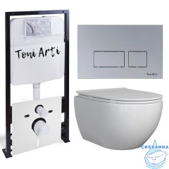 Инсталляция TONI ARTI TA-01 с кнопкой смыва TA-0040 в комплекте с безободковым унитазом Baglio c сиденьем Soft close (микролифт)