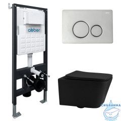 Комплект подвесной унитаз ABBER Rechteck AC1201MB черный матовый с инсталляцией AC0105 и кнопкой AC0121 хром