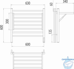 Полотенцесушитель электрический Terminus Горизонт П8 60х60 (с возможностью скрытого подключения, подключение справа) (хром)