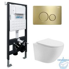 Комплект подвесной унитаз ABBER Bequem AC1100 белый с инсталляцией AC0105 и кнопкой AC0121MMG золото матовое