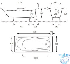 Ванна чугунная Jacob Delafon Melanie 170х70 с отверстиями для ручек, без ножек E2925-00