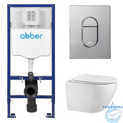 Комплект подвесной унитаз ABBER Bequem AC1100 белый с инсталляцией AC0108 и кнопкой AC0124 хром глянцевый