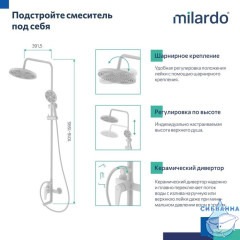 Смеситель для ванны с верхним душем, белый матовый, Dale, Milardo, DALWT3FM06