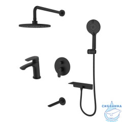 Комплект смесителей 2 в 1: Душевая система с изливом и смеситель для умывальника, черный матовый, Rora, Milardo, ROR0003M70
