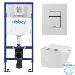 Комплект подвесной унитаз ABBER Bequem AC1102 белый с инсталляцией AC0108 и кнопкой AC0123MW белая матовая