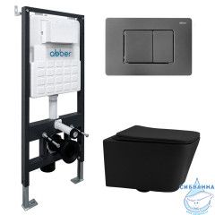 Комплект подвесной унитаз ABBER Rechteck AC1201MB черный матовый с инсталляцией AC0105 и кнопкой AC0120NG оружейная сталь