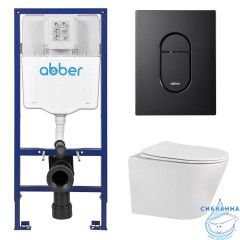 Комплект подвесной унитаз ABBER Bequem AC1102 белый с инсталляцией AC0108 и кнопкой AC0124MB черная матовая
