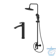 Комплект смесителей 2 в 1: Душевая система с тропическим душем с изливом и смеситель для настольного умывальника, черный матовый, Rora, Milardo, ROR0004M70