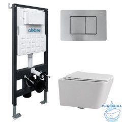Комплект подвесной унитаз ABBER Rechteck AC1201 белый с инсталляцией AC0105 и кнопкой AC0120MCH матовый хром