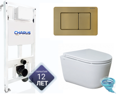Инсталляция для унитаза Charus CC.300.80.01 с кнопкой смыва Charus Robusto FP.310.BG.05 брашированное золото,  с унитазом LYon 2.0 (с сиденьем Soft Close (микролифт)