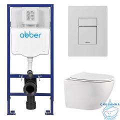 Комплект подвесной унитаз ABBER Bequem AC1100 белый с инсталляцией AC0108 и кнопкой AC0123MW белая матовая