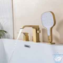 Смеситель для ванны на борт Raglo R02.31.03 с душевым гарнитуром (сатин золотой)