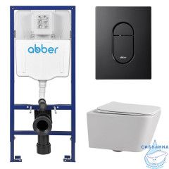Комплект подвесной унитаз ABBER Rechteck AC1201 белый с инсталляцией AC0108 и кнопкой AC0124MB черная матовая
