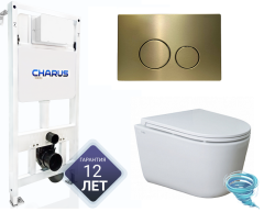 Инсталляция для унитаза Charus CC.300.80.01 с кнопкой смыва Charus Robusto FP.330.BG.05 брашированное золото,  с унитазом LYon 2.0 (с сиденьем Soft Close (микролифт)