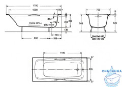 Ванна чугунная Jacob Delafon Diapason 170х75 с отверстиями для ручек, без ножек E2926-00