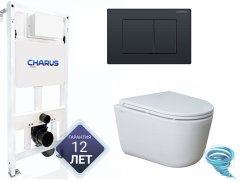 Инсталляция для унитаза Charus CC.300.80.01 с кнопкой смыва Charus Minimalista FP.310.DW.01 черный матовый,  с унитазом LYon 2.0 (с сиденьем Soft Close (микролифт)