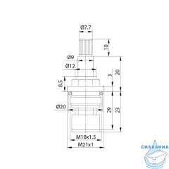 Кран-букса керамическая, 90°, 20 зубцов, M18x1,5, M21, h=53 мм, IDDIS, 998CR532SM