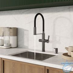 Смеситель для кухни с каналом для фильтрованной воды и гибким изливом, графит, Ikon, IDDIS, IKNGMFFi05