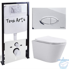 Инсталляция TONI ARTI TA-01 с кнопкой смыва TA-0051 в комплекте с безободковым унитазом Forli c сиденьем Soft close (микролифт)
