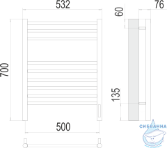 Полотенцесушитель электрический Terminus Аврора П9 50х70 (хром)  (с возможностью скрытого подключения, подключение справа)
