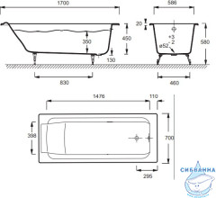 Ванна чугунная Jacob Delafon Parallel 170х70 без отверстий для ручек, без ножек  E2947-00