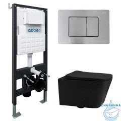 Комплект подвесной унитаз ABBER Rechteck AC1201MB черный матовый с инсталляцией AC0105 и кнопкой AC0120MCH матовый хром