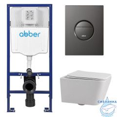 Комплект подвесной унитаз ABBER Rechteck AC1201 белый с инсталляцией AC0108 и кнопкой AC0126NG оружейная сталь