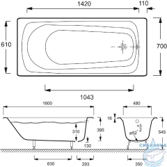 Ванна чугунная Jacob Delafon Melodie 160x70 с ножками 