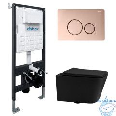 Комплект подвесной унитаз ABBER Rechteck AC1201MB черный матовый с инсталляцией AC0105 и кнопкой AC0121RG золото розовое