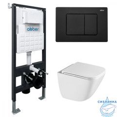 Комплект подвесной унитаз ABBER Rechteck AC1220TC белый, с закрытым дном с инсталляцией AC0105 и кнопкой AC0120MB черный матовый