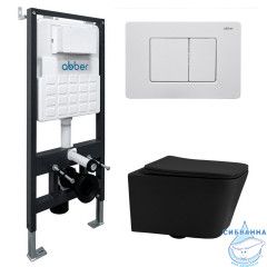 Комплект подвесной унитаз ABBER Rechteck AC1201MB черный матовый с инсталляцией AC0105 и кнопкой AC0120MW белая матовая