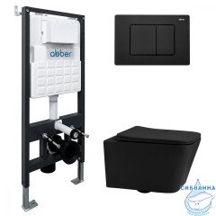 Комплект подвесной унитаз ABBER Rechteck AC1201MB черный матовый с инсталляцией AC0105 и кнопкой AC0120MB черный матовый