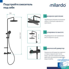 Смеситель термостатический для душа со стойкой и тропической лейкой, черный матовый, Ideal Spa, Milardo, ILSBLTHM89