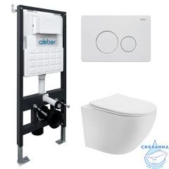 Комплект подвесной унитаз ABBER Bequem AC1100 белый с инсталляцией AC0105 и кнопкой AC0121MW белая матовая