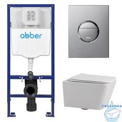 Комплект подвесной унитаз ABBER Rechteck AC1201 белый с инсталляцией AC0108 и кнопкой AC0126 хром глянцевый