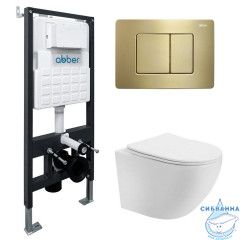 Комплект подвесной унитаз ABBER Bequem AC1100 белый с инсталляцией AC0105 и кнопкой AC0120MMG золото матовое