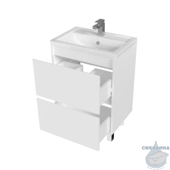 Тумба напольная 1Марка Aris 60Н (2 ящика) с раковиной Фостер 60 белый глянец
