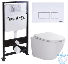 Инсталляция TONI ARTI TA-01 с кнопкой смыва TA-0042 в комплекте с безободковым унитазом Russi c сиденьем Soft close (микролифт)