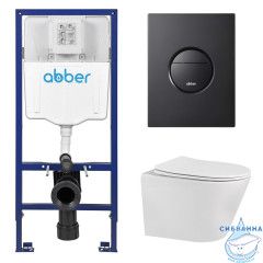 Комплект подвесной унитаз ABBER Bequem AC1102 белый с инсталляцией AC0108 и кнопкой AC0126MB черная матовая