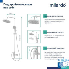 Смеситель для ванны с верхним душем, белый матовый, Dale, Milardo, DALWT3FM06