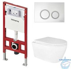 Инсталляция для унитаза Tece TECEspring с кнопкой смыва TECEspring хром глянцевый,  с унитазом Azario Uno AZ-2380 (с сиденьем Soft Close (микролифт)