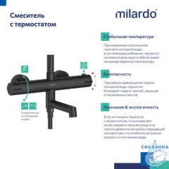 Смеситель термостатический для ванны со стойкой и тропической лейкой, черный матовый, Ideal Spa, Milardo, ILSBLTHM06