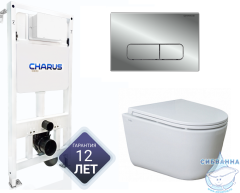 Инсталляция для унитаза Charus CC.300.80.01 с кнопкой смыва Charus Elegia FP.320.21.01 хром глянцевый,  с унитазом LYon 2.0 (с сиденьем Soft Close (микролифт)