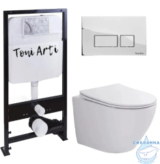 Инсталляция TONI ARTI TA-01 с кнопкой смыва в комплекте с безободковым унитазом Russi c сиденьем Soft close (микролифт) 