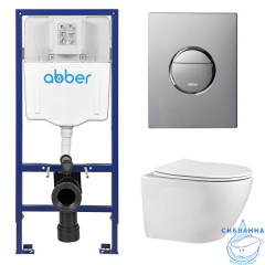 Комплект подвесной унитаз ABBER Bequem AC1100 белый с инсталляцией AC0108 и кнопкой AC0126 хром глянцевый