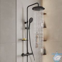 Смеситель термостатический для душа со стойкой и тропической лейкой, черный матовый, Ideal Spa, Milardo, ILSBLTHM89